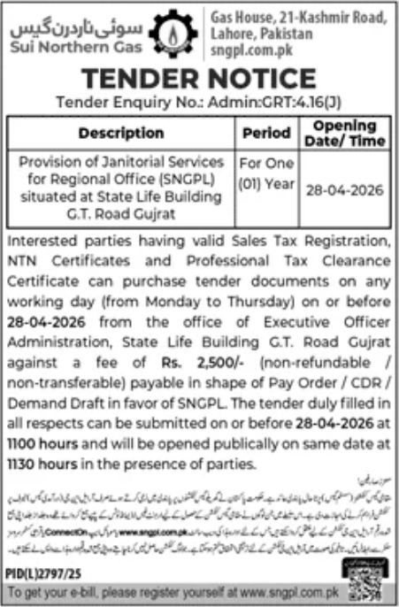 Provision of Janitorial Services for Regional Office (SNGPL) situated at State Life Building G.T. Road Gujrat